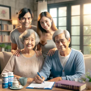 A serene family scene with elderly parents and their adult children in a cozy living room. The elderly parents look happy and engaged, with a gentle smile.
