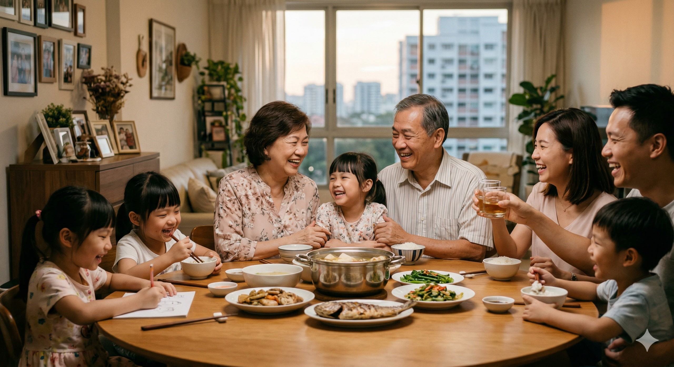 A happy multi-generational Singaporean family sharing a meal, representing a secure retirement and successful CPF strategy planning.