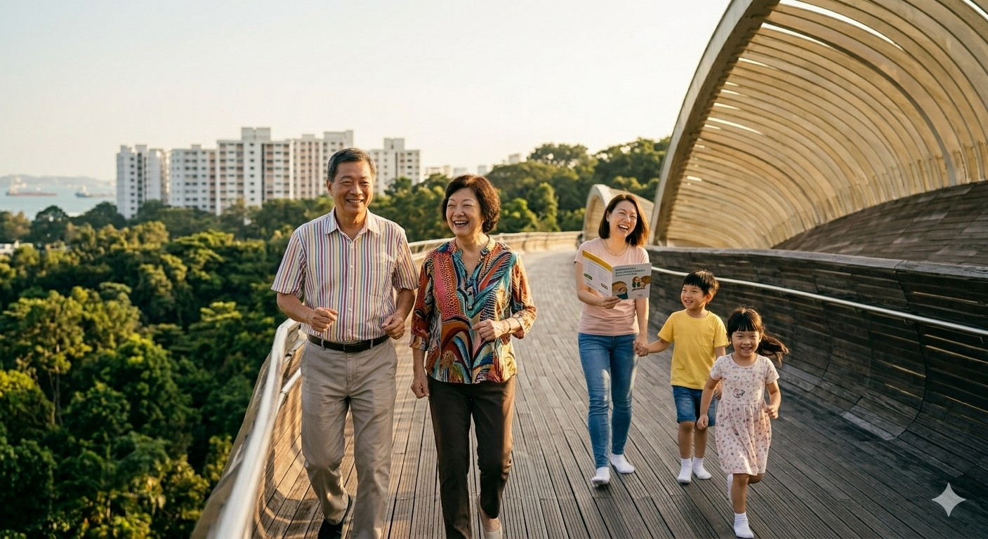 A vibrant, active Singaporean multi-generational family walking and laughing together along the Henderson Waves bridge at golden hour, visualizing healthy retirement and multi-generational connection.