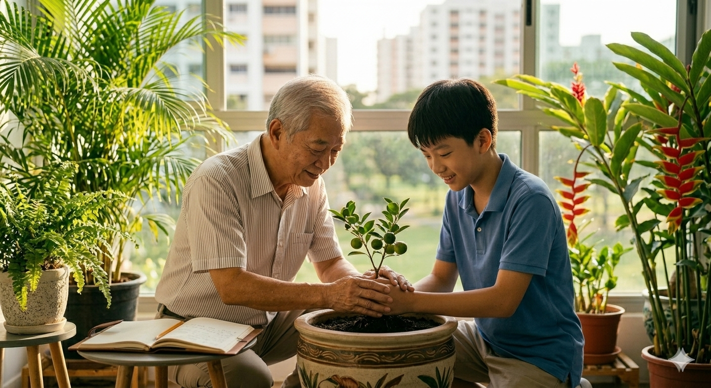 An elderly Singaporean man teaching his grandson how to plant a tree in a balcony garden, symbolizing Christian legacy and stewardship.