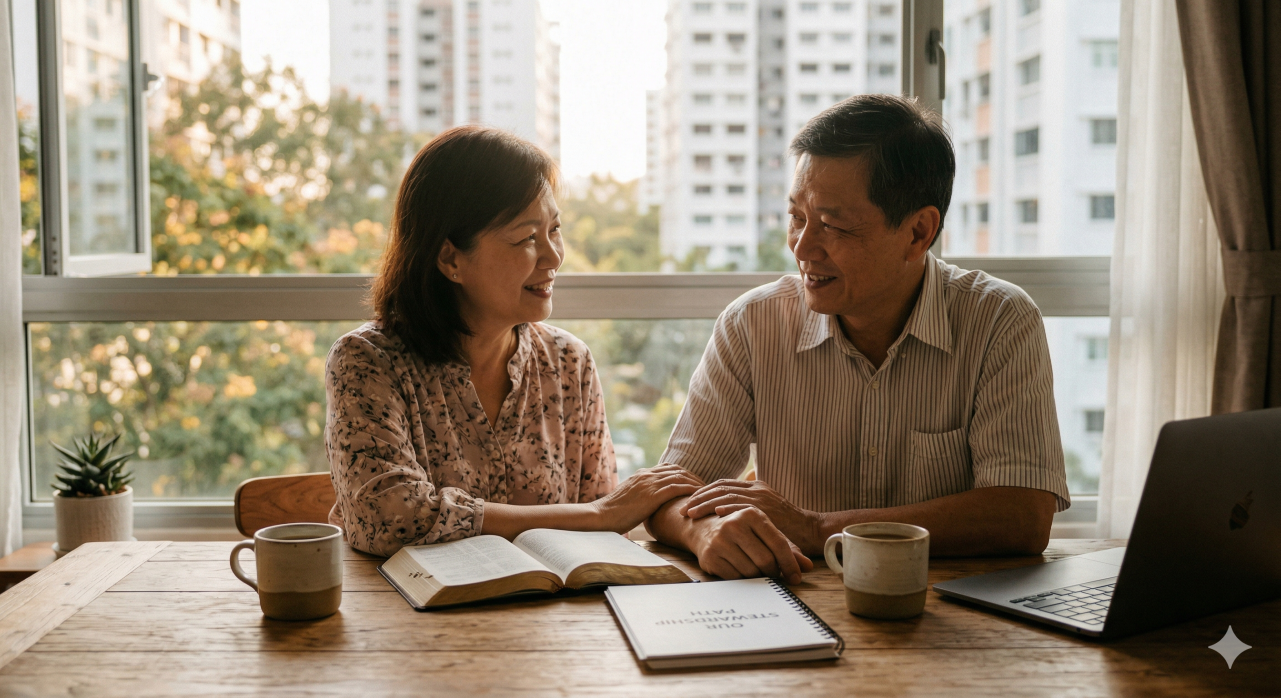 A warm, candid photo of a Singapore couple in a cozy home environment, reflecting on tithing vs retirement planning with an open Bible and stewardship notebook.
