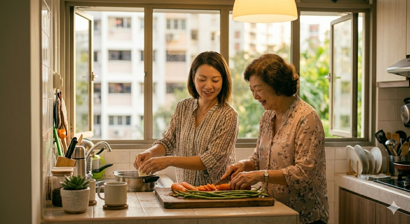 A warm, candid photo of a Singaporean woman and her elderly mother preparing a meal together in an HDB kitchen, symbolizing the care and stewardship of the sandwich generation.